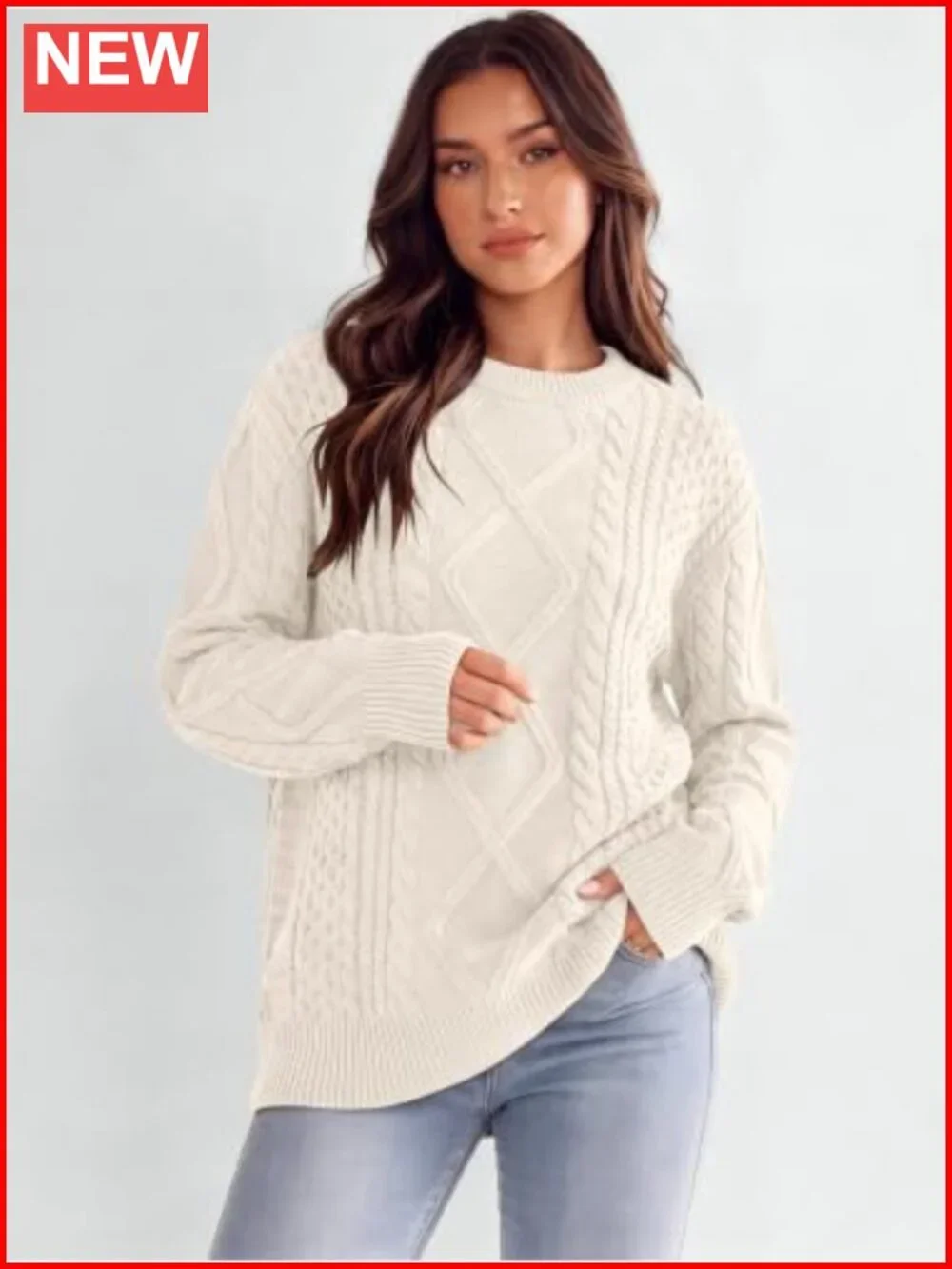 Oversized Cable Knit Pullover Sweater Crewneck Long Sleeve Acrylic